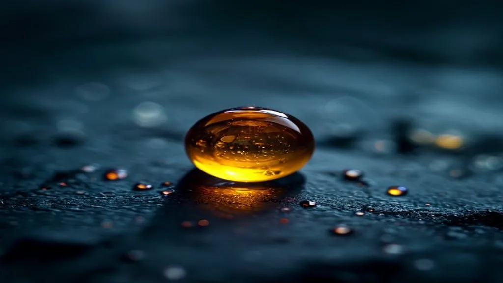 A single droplet of amber liquid pooling on polished dark slate under strong directional light