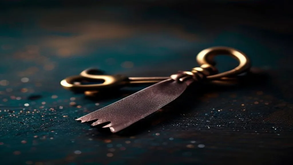 A single ornate brass key with a narrow oxblood ribbon on a dark surface under low directional light