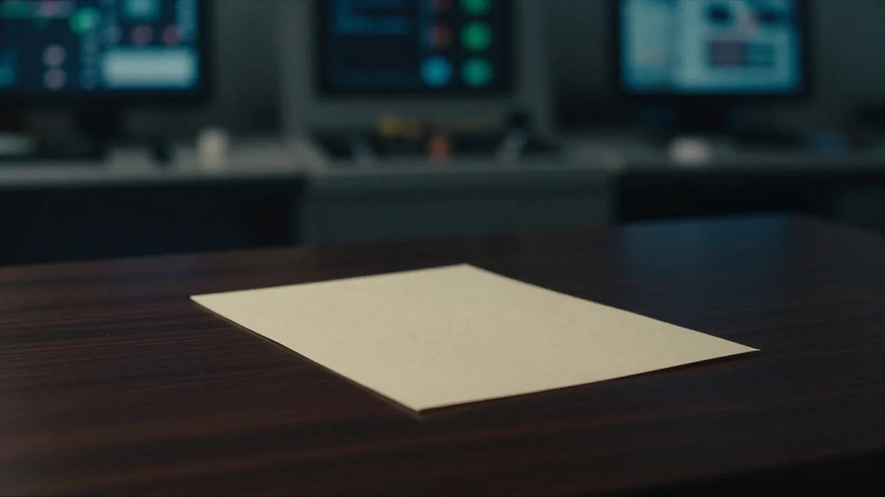 A single sheet of cream paper resting on a dark walnut desk in low directional light