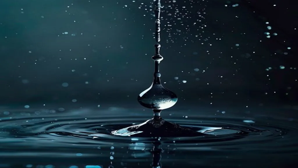 A single droplet of dark liquid frozen mid-fall above a still pool, catching a shaft of directional light