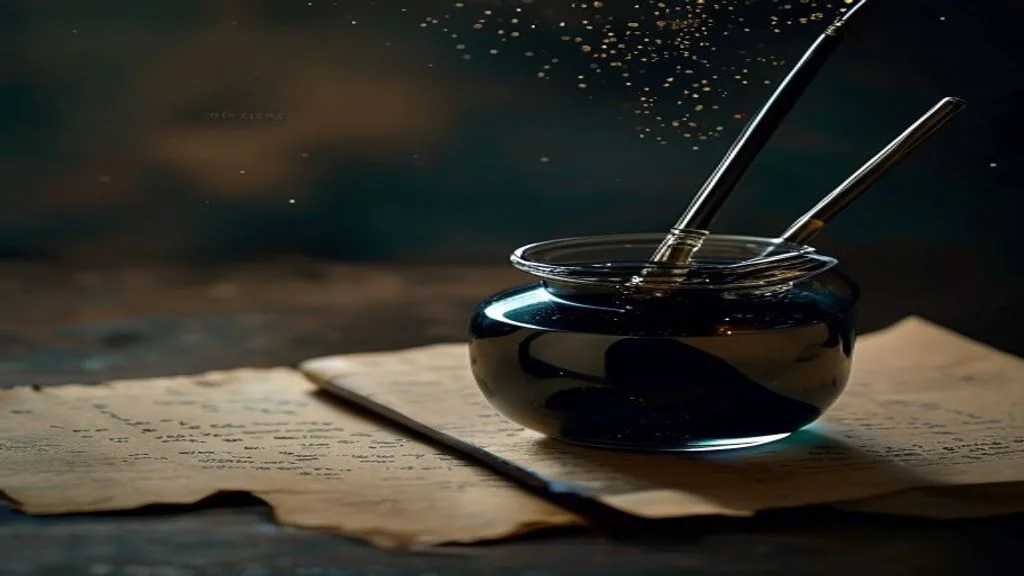 A single glass inkwell with dark ink and a brass nib pen resting on aged parchment under low directional light
