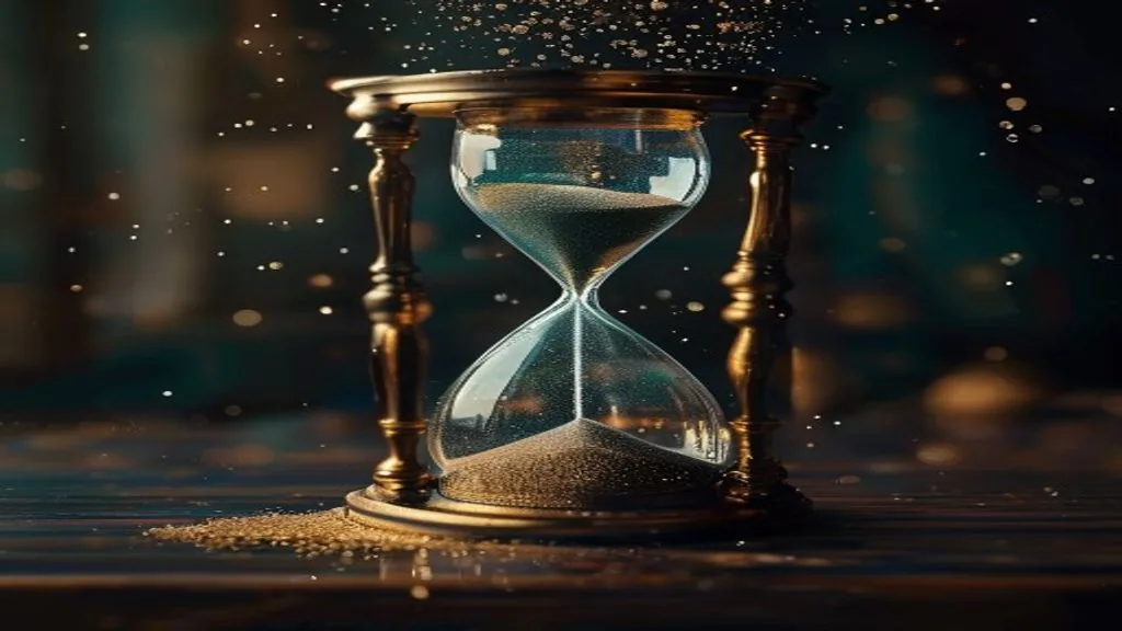 A single brass hourglass with sand mid-fall on a dark walnut desk in low directional light