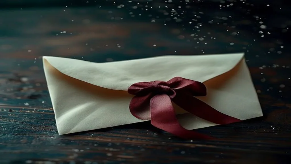 A single folded cream envelope tied with a narrow oxblood ribbon on a dark wooden surface