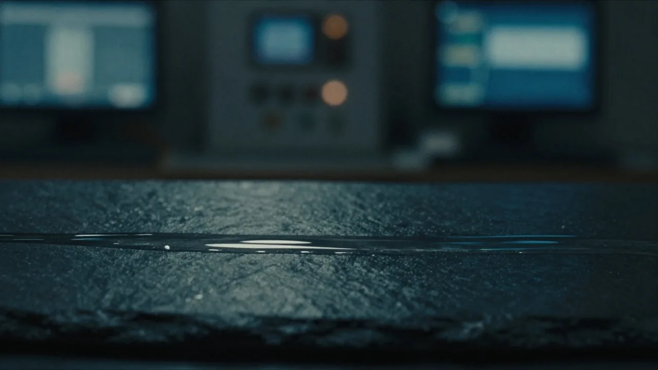 A single drop of clear liquid impacting a dark polished surface, ripples spreading outward