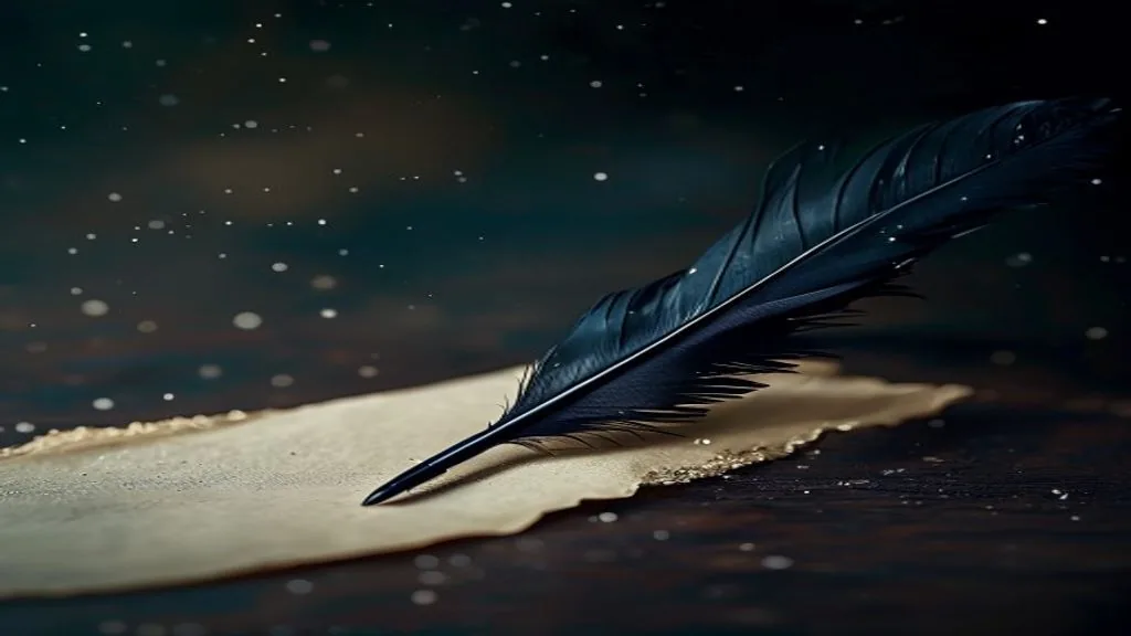 A single black feather quill pen resting on folded cream parchment on a dark walnut desk under low directional light