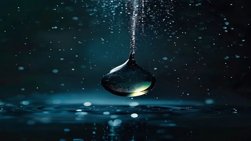A single droplet of oil suspended in a column of clear water on a dark background