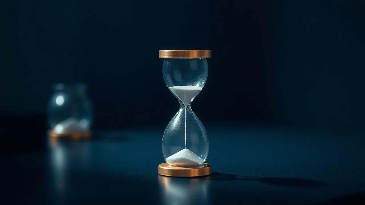 A single brass hourglass with sand mid-fall on a dark wooden desk