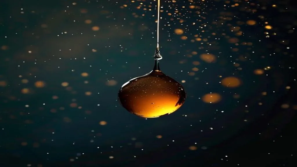 A single droplet of amber resin suspended in mid-fall against a dark background under strong directional light