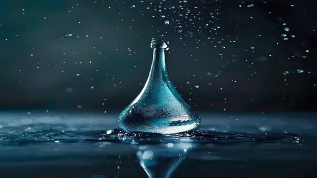 A single droplet of clear liquid frozen mid-air above a dark polished surface, lit from one side