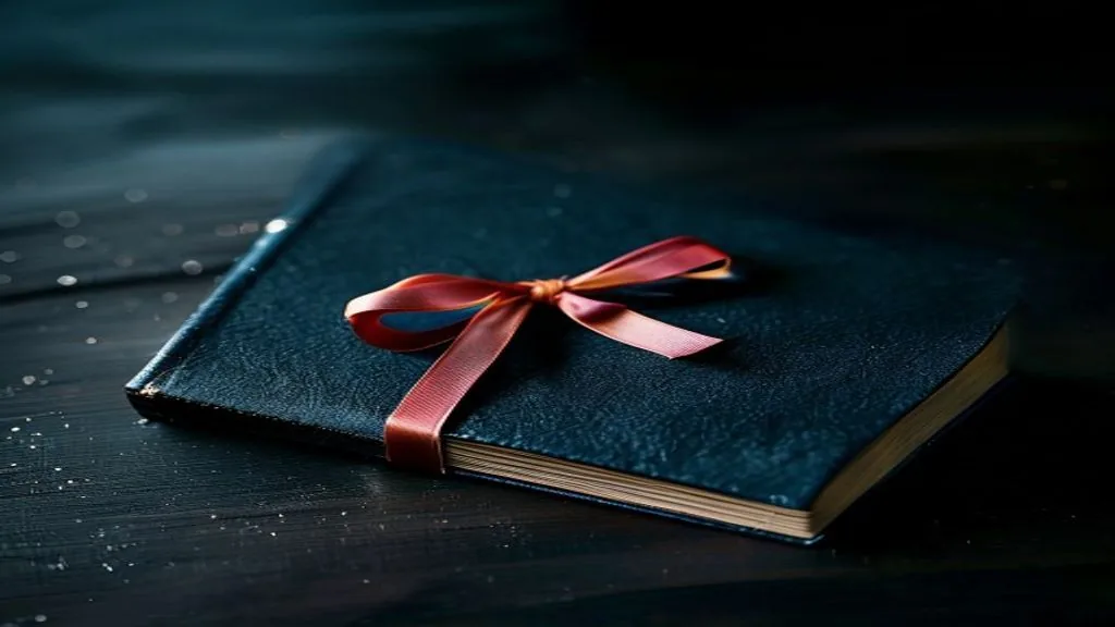 A closed leather-bound notebook tied with a coloured ribbon resting on a dark wooden desk