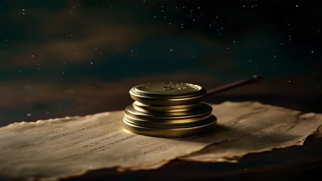 A single ornate brass wax-seal stamper standing upright on folded cream parchment resting on a dark walnut desk in low directional light