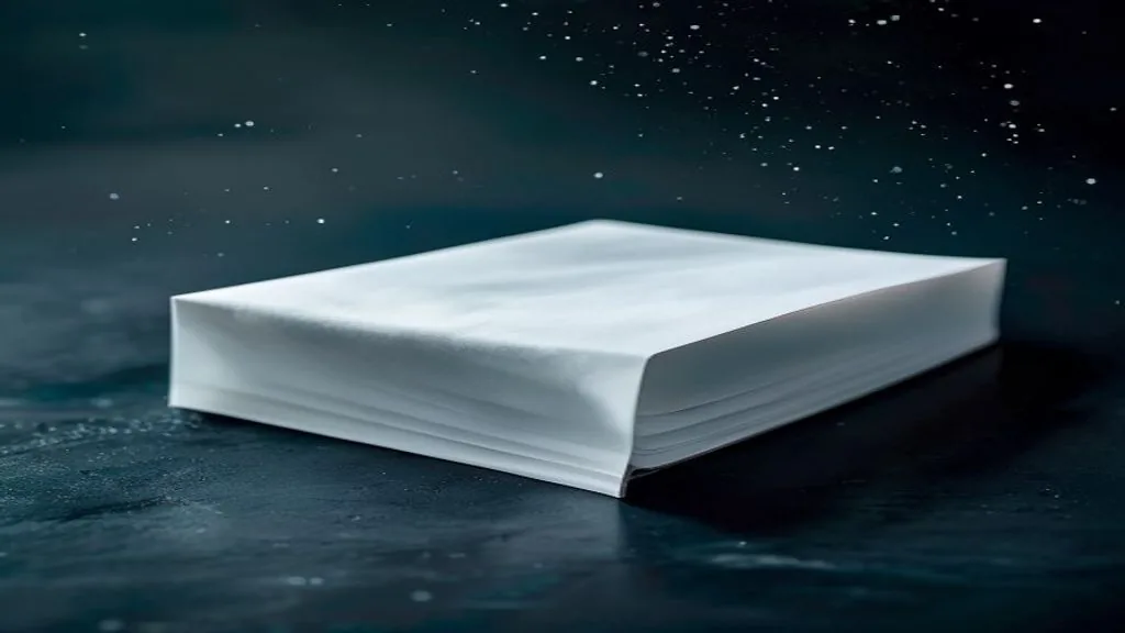 A folded block of crisp white paper resting on a dark slate surface under raking directional light with airborne particulates