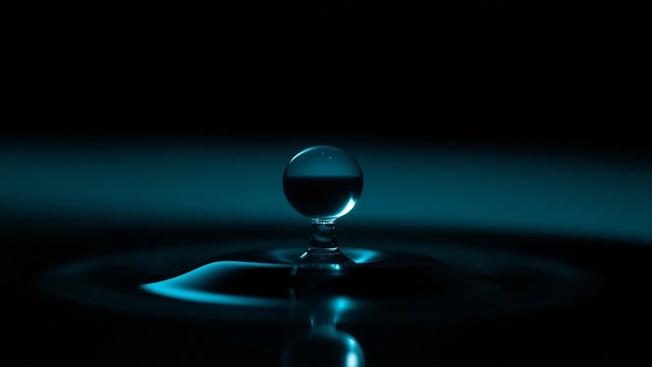 A single droplet of liquid frozen mid-air against a dark background, lit by directional light
