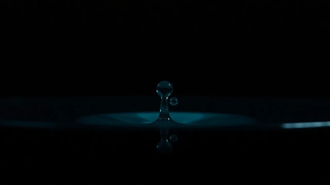 A single droplet of dark ink dispersing in clear water against a black background.