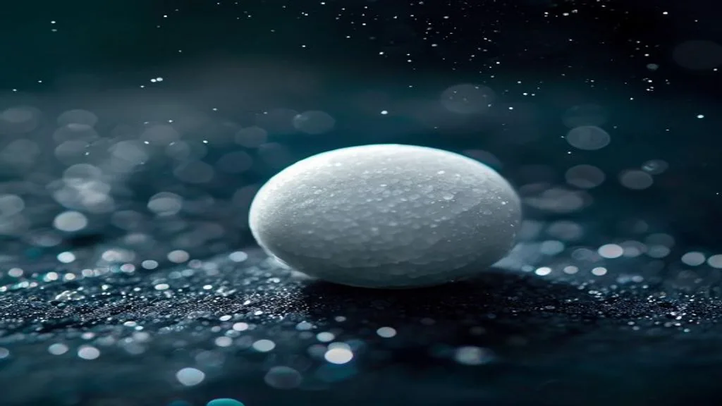A single glossy white fertiliser granule on a dark polished surface under directional side light